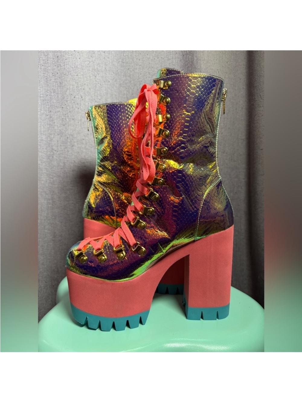 Dolls Kill Iridescent Multi-Color Platform Lace-Up Ankle Boots with Coral Laces